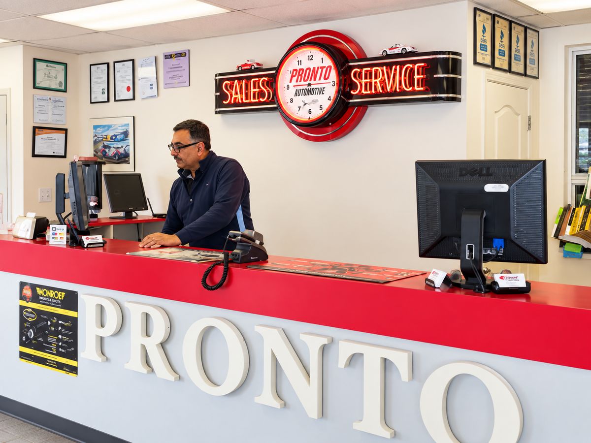 The Pronto Automotive front counter and service desk, where customers are greeted.