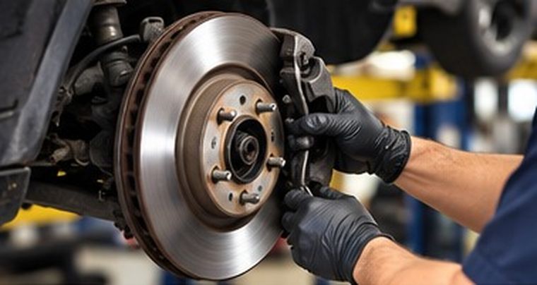 Close-up of brake rotor and hub being serviced by a Pronto Automotive technician.