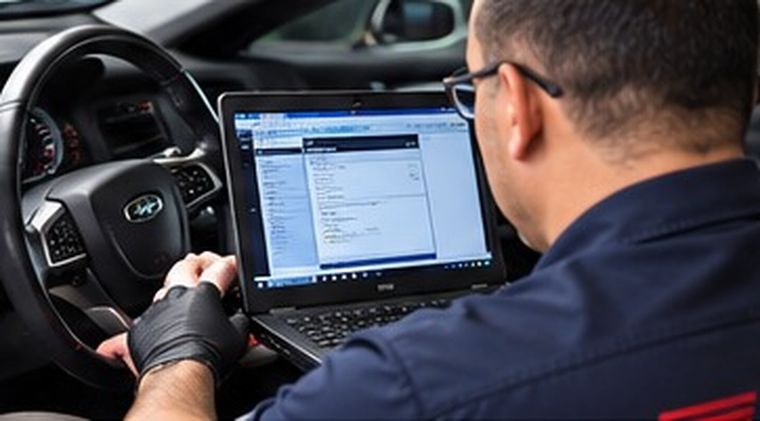 Pronto technician running computer diagnostics from inside a customer vehicle.