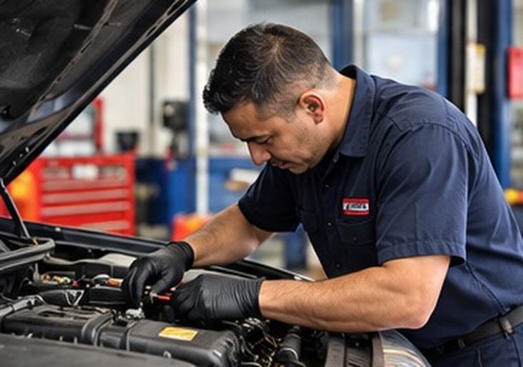 Pronto Automotive technician performing engine bay maintenance on a vehicle.