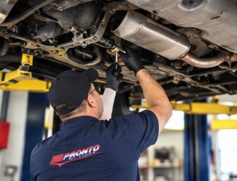 Underside vehicle inspection on a hoist at the Pronto Automotive shop.