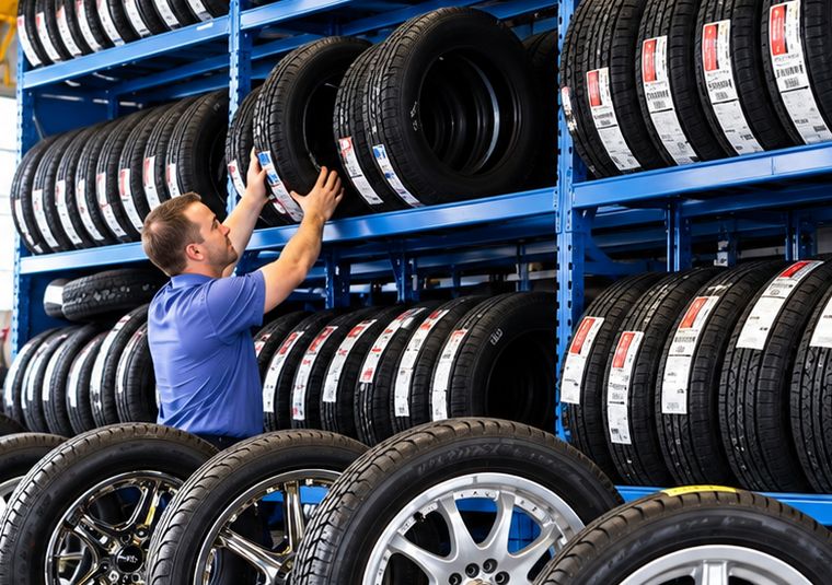 Technician selecting tires from the stocked tire racks at Pronto Automotive.